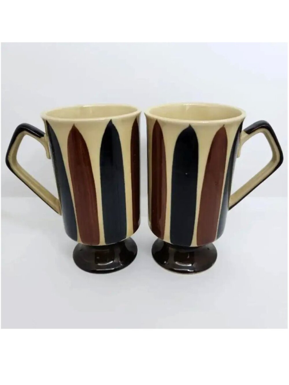 Vintage Brown and Black Paint Striped Coffee Mugs, 1 Pair